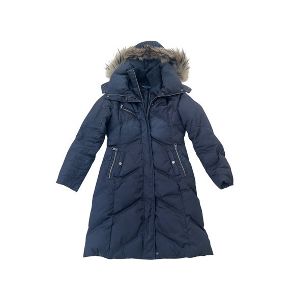 Andrew Marc Black Down Puffer Coat Fur Hood Long Parka XS - Picture 2 of 3